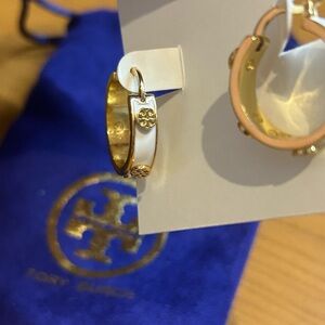 Tory Burch Gold and White Raised Logo Small Hoop Earrings